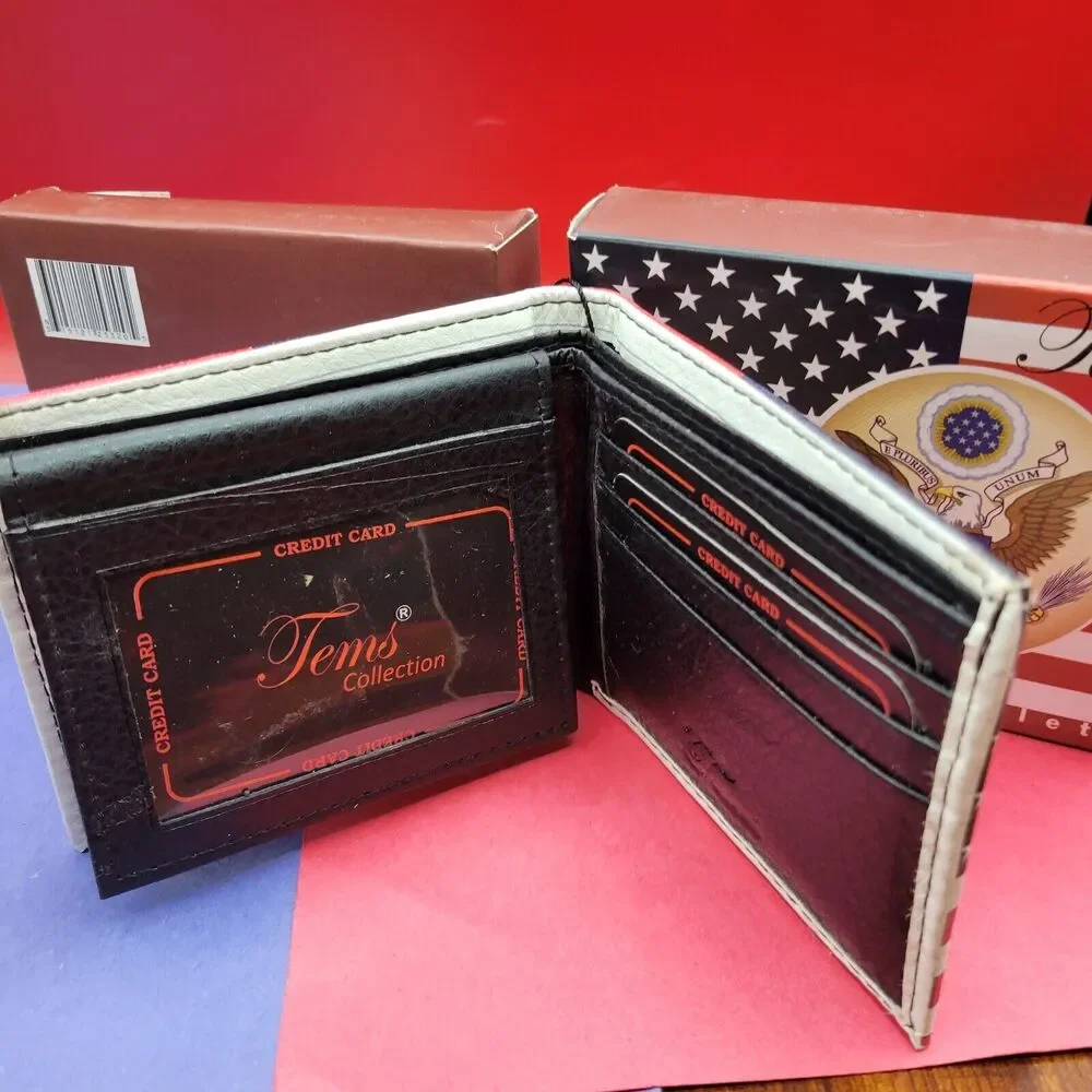 US Flag wallet with Logo Genuine PU Faux Leather Graphic Design Box Gift
